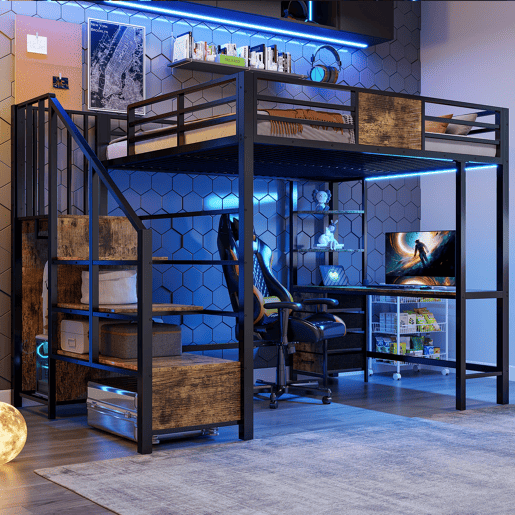 Cama alta 140x200 - com secretária, prateleiras, varão para roupa, iluminação LED e tomada - Preto Cama alta 140x200 - com secretária, prateleiras, varão para roupa, iluminação LED e tomada - Preto