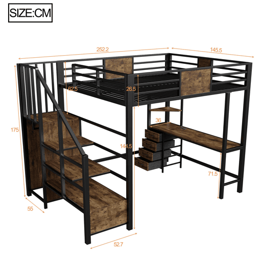 Cama alta 140x200 - com secretária, prateleiras, varão para roupa, iluminação LED e tomada - Preto Cama alta 140x200 - com secretária, prateleiras, varão para roupa, iluminação LED e tomada - Preto
