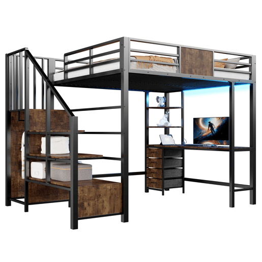 Cama alta 140x200 - com secretária, prateleiras, varão para roupa, iluminação LED e tomada - Preto Cama alta 140x200 - com secretária, prateleiras, varão para roupa, iluminação LED e tomada - Preto