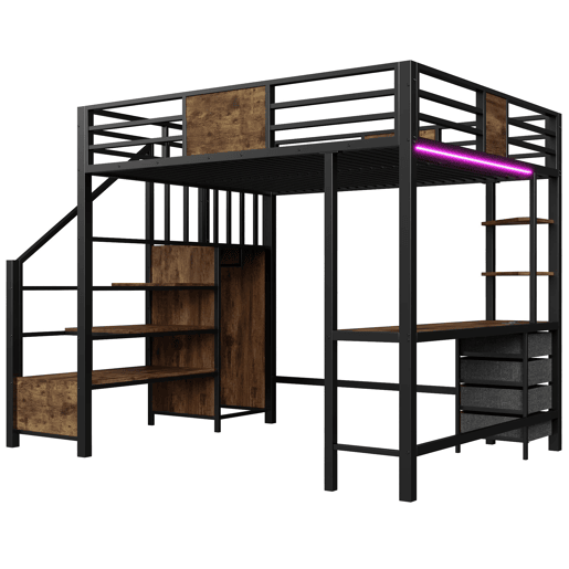 Cama alta 140x200 - com secretária, prateleiras, varão para roupa, iluminação LED e tomada - Preto Cama alta 140x200 - com secretária, prateleiras, varão para roupa, iluminação LED e tomada - Preto