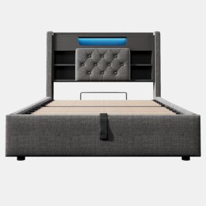 Cama estofada 90 x 200 cm - com baú hidráulico, iluminação LED, porta USBType-C, cabeceira com prateleira e espaço de arrumação - Cinza