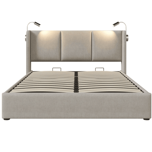 Cama estofada 180x200 - com arrumação, LED e USB - Bege Cama estofada 180x200 - com arrumação, LED e USB - Bege