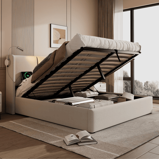 Cama estofada 180x200 - com arrumação, LED e USB - Bege Cama estofada 180x200 - com arrumação, LED e USB - Bege