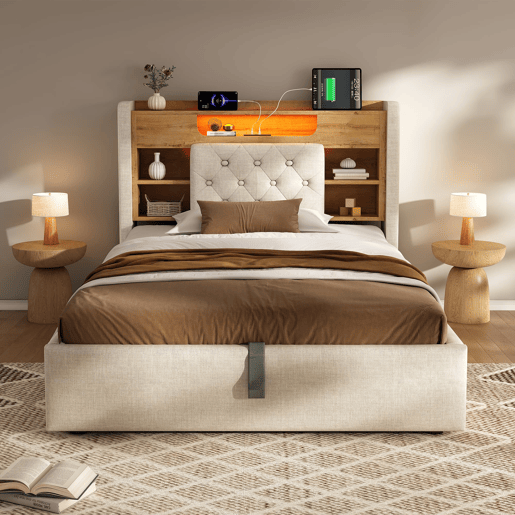 Cama estofada 90 x 200 cm - base com gaveta com abertura hidráulica, LED, USB e Type-C, cabeceira com prateleira e espaço de arrumação - Bege