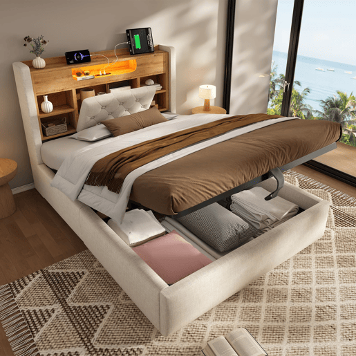 Cama estofada 90 x 200 cm - base com gaveta com abertura hidráulica, LED, USB e Type-C, cabeceira com prateleira e espaço de arrumação - Bege