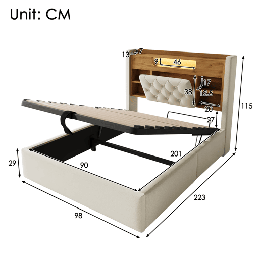 Cama estofada 90 x 200 cm - base com gaveta com abertura hidráulica, LED, USB e Type-C, cabeceira com prateleira e espaço de arrumação - Bege