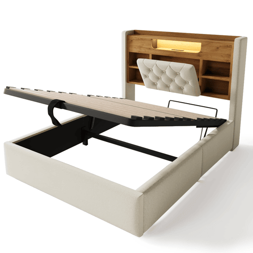 Cama estofada 90 x 200 cm - base com gaveta com abertura hidráulica, LED, USB e Type-C, cabeceira com prateleira e espaço de arrumação - Bege