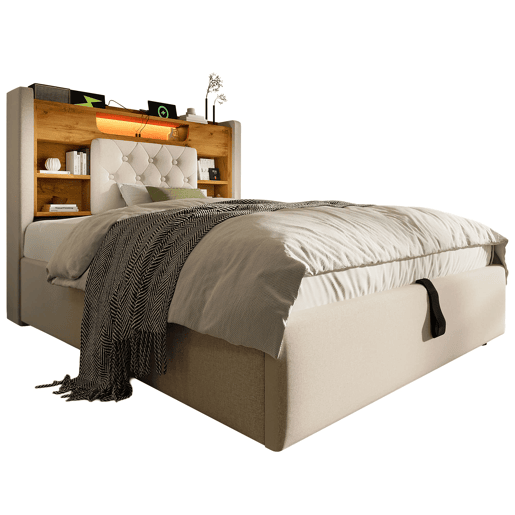 Cama estofada 90 x 200 cm - base com gaveta com abertura hidráulica, LED, USB e Type-C, cabeceira com prateleira e espaço de arrumação - Bege