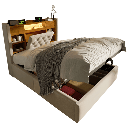 Cama estofada 90 x 200 cm - base com gaveta com abertura hidráulica, LED, USB e Type-C, cabeceira com prateleira e espaço de arrumação - Bege
