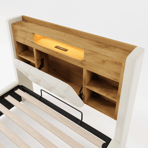 Cama estofada 90 x 200 cm - base com gaveta com abertura hidráulica, LED, USB e Type-C, cabeceira com prateleira e espaço de arrumação - Bege