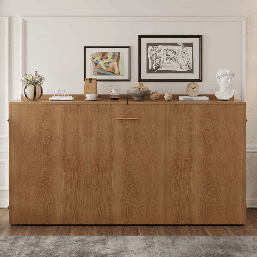 Cama dobrável 140 x 200 cm - estrutura tipo armário extensível com colchão de linho, cama de hóspedes que poupa espaço, estrutura metálica com rodízios silenciosos - madeira