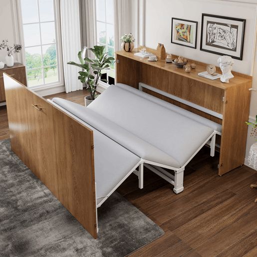 Cama dobrável 140 x 200 cm - estrutura tipo armário extensível com colchão de linho, cama de hóspedes que poupa espaço, estrutura metálica com rodízios silenciosos - madeira