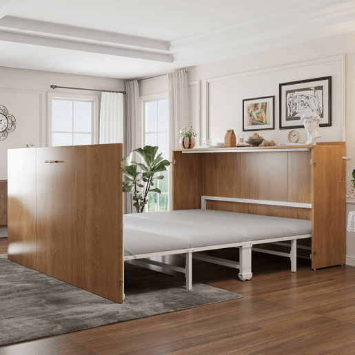 Cama dobrável 140 x 200 cm - estrutura tipo armário extensível com colchão de linho, cama de hóspedes que poupa espaço, estrutura metálica com rodízios silenciosos - madeira