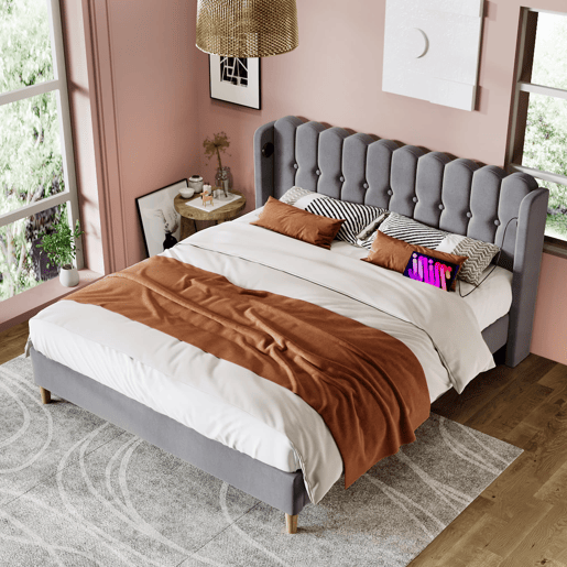 Cama estofada 180 x 200 cm - Dupla com porta USB Tipo C, com base incluída, cabeceira almofadada - Cinza