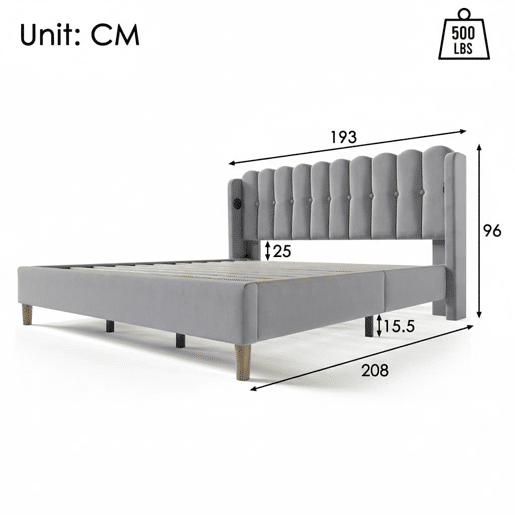 Cama estofada 180 x 200 cm - Dupla com porta USB Tipo C, com base incluída, cabeceira almofadada - Cinza