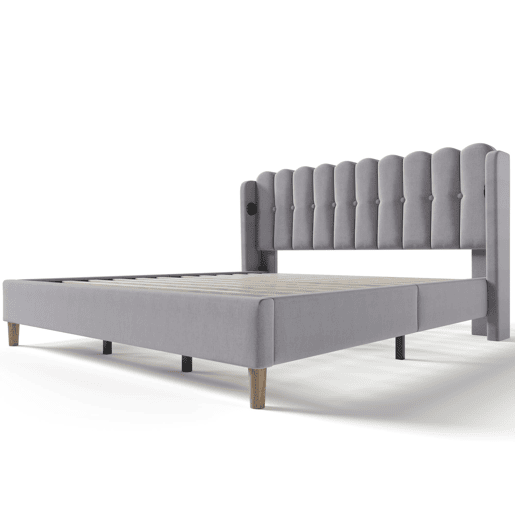 Cama estofada 180 x 200 cm - Dupla com porta USB Tipo C, com base incluída, cabeceira almofadada - Cinza