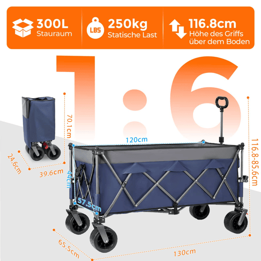 Carrinho dobrável 300 L 250 kg - todo-o-terreno com rodas grandes, montagem rápida em 4 posições, dobrável e extensível até 130 cm - Azul Carrinho dobrável 300 L 250 kg - todo-o-terreno com rodas grandes, montagem rápida em 4 posições, dobrável e extensível até 130 cm - Azul