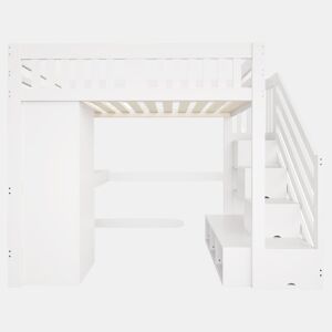 Cama alta 140 x 200 cm - Escada com arrumação, secretária com tomada, luz LED multicolorida, roupeiro individual, banco com arrumação, grade alta - Branco