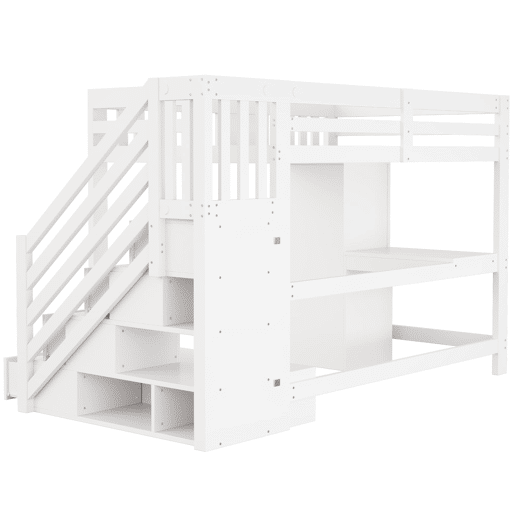 Cama alta 140 x 200 cm - Escada com arrumação, secretária com tomada, luz LED multicolorida, roupeiro individual, banco com arrumação, grade alta - Branco Cama alta 140 x 200 cm - Escada com arrumação, secretária com tomada, luz LED multicolorida, roupeiro individual, banco com arrumação, grade alta - Branco