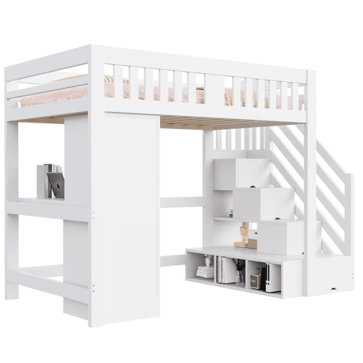 Cama alta 140 x 200 cm - Escada com arrumação, secretária com tomada, luz LED multicolorida, roupeiro individual, banco com arrumação, grade alta - Branco Cama alta 140 x 200 cm - Escada com arrumação, secretária com tomada, luz LED multicolorida, roupeiro individual, banco com arrumação, grade alta - Branco