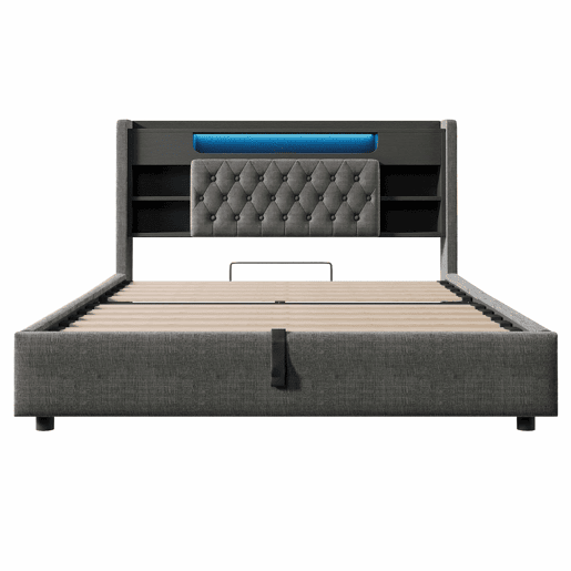 Cama estofada 140 x 200 cm - com baú hidráulico, luz LED, USBType-C, cabeceira com prateleira e arrumação - cinzenta