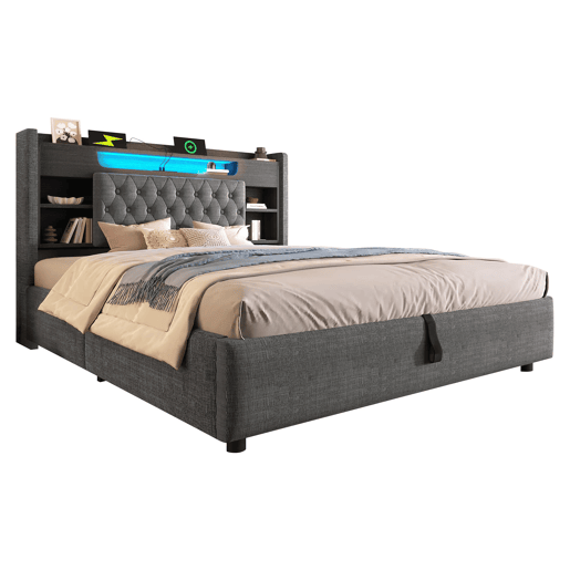 Cama estofada 140 x 200 cm - com baú hidráulico, luz LED, USBType-C, cabeceira com prateleira e arrumação - cinzenta