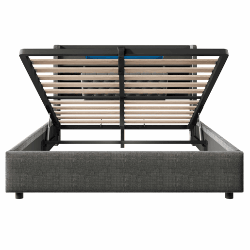 Cama estofada 140 x 200 cm - com baú hidráulico, luz LED, USBType-C, cabeceira com prateleira e arrumação - cinzenta