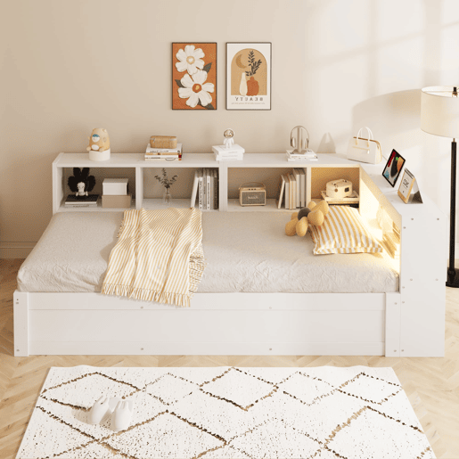 Sofá-cama 90 x 200 cm - com tomada europeia, vários compartimentos de arrumação, faixas de luz LED multicoloridas, mecanismo hidráulico de abertura, estrutura de madeira maciça multifuncional - branco