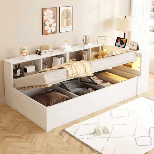 Sofá-cama 90 x 200 cm - com tomada europeia, vários compartimentos de arrumação, faixas de luz LED multicoloridas, mecanismo hidráulico de abertura, estrutura de madeira maciça multifuncional - branco