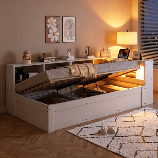 Sofá-cama 90 x 200 cm - com tomada europeia, vários compartimentos de arrumação, faixas de luz LED multicoloridas, mecanismo hidráulico de abertura, estrutura de madeira maciça multifuncional - branco