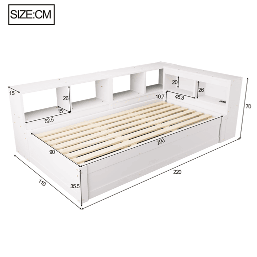 Sofá-cama 90 x 200 cm - com tomada europeia, vários compartimentos de arrumação, faixas de luz LED multicoloridas, mecanismo hidráulico de abertura, estrutura de madeira maciça multifuncional - branco