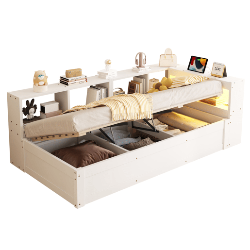 Sofá-cama 90 x 200 cm - com tomada europeia, vários compartimentos de arrumação, faixas de luz LED multicoloridas, mecanismo hidráulico de abertura, estrutura de madeira maciça multifuncional - branco