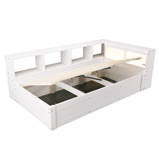 Sofá-cama 90 x 200 cm - com tomada europeia, vários compartimentos de arrumação, faixas de luz LED multicoloridas, mecanismo hidráulico de abertura, estrutura de madeira maciça multifuncional - branco