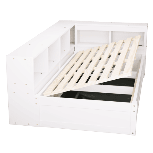 Sofá-cama 90 x 200 cm - com tomada europeia, vários compartimentos de arrumação, faixas de luz LED multicoloridas, mecanismo hidráulico de abertura, estrutura de madeira maciça multifuncional - branco