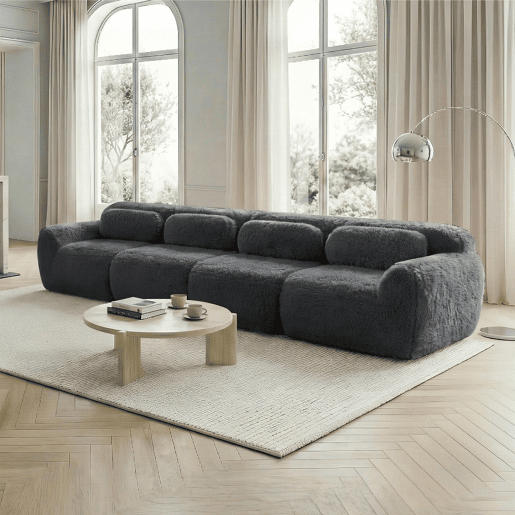 Sofá modular de 4 lugares - tecido felpudo premium, base antiderrapante e almofadas - Cinzento Sofá modular de 4 lugares - tecido felpudo premium, base antiderrapante e almofadas - Cinzento