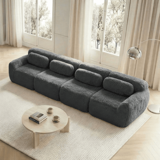 Sofá modular de 4 lugares - tecido felpudo premium, base antiderrapante e almofadas - Cinzento Sofá modular de 4 lugares - tecido felpudo premium, base antiderrapante e almofadas - Cinzento