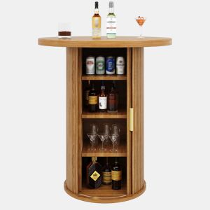 Conjunto de mesa alta de bar com 2 bancos de bar - mesa alta redonda com espaço de arrumação e bancos ergonómicos, MDF com efeito de madeira - madeira