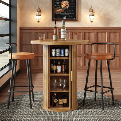 Conjunto de mesa alta de bar com 2 bancos de bar - mesa alta redonda com espaço de arrumação e bancos ergonómicos, MDF com efeito de madeira - madeira Conjunto de mesa alta de bar com 2 bancos de bar - mesa alta redonda com espaço de arrumação e bancos ergonómicos, MDF com efeito de madeira - madeira