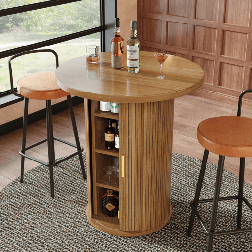 Conjunto de mesa alta de bar com 2 bancos de bar - mesa alta redonda com espaço de arrumação e bancos ergonómicos, MDF com efeito de madeira - madeira Conjunto de mesa alta de bar com 2 bancos de bar - mesa alta redonda com espaço de arrumação e bancos ergonómicos, MDF com efeito de madeira - madeira