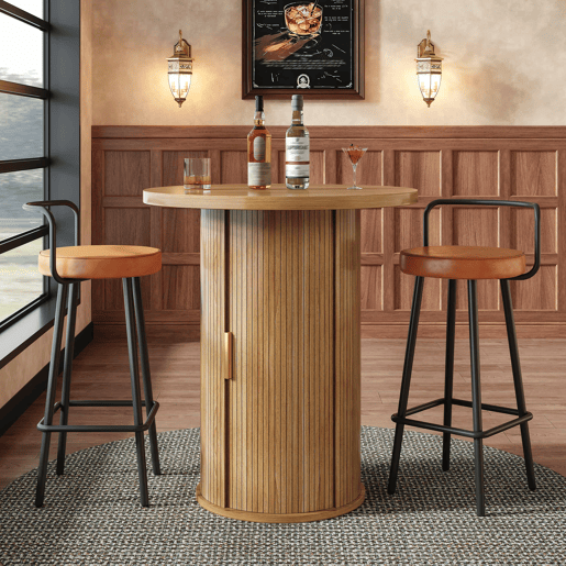 Conjunto de mesa alta de bar com 2 bancos de bar - mesa alta redonda com espaço de arrumação e bancos ergonómicos, MDF com efeito de madeira - madeira Conjunto de mesa alta de bar com 2 bancos de bar - mesa alta redonda com espaço de arrumação e bancos ergonómicos, MDF com efeito de madeira - madeira
