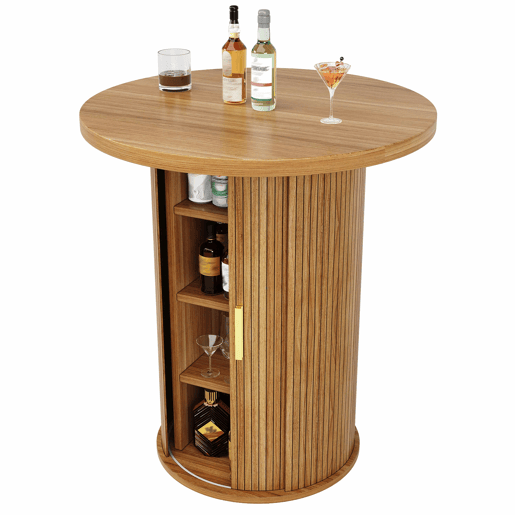 Conjunto de mesa alta de bar com 2 bancos de bar - mesa alta redonda com espaço de arrumação e bancos ergonómicos, MDF com efeito de madeira - madeira Conjunto de mesa alta de bar com 2 bancos de bar - mesa alta redonda com espaço de arrumação e bancos ergonómicos, MDF com efeito de madeira - madeira