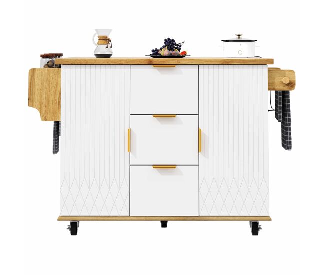 Carrito de cocina - encimera abatible y toma de corriente, isla de cocina móvil con ruedas, diseño madera - blanco