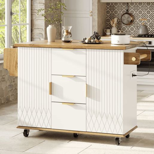 Carrinho de cozinha - bancada rebatível e tomada elétrica, ilha de cozinha móvel com rodas, design em madeira - Branco Carrinho de cozinha - bancada rebatível e tomada elétrica, ilha de cozinha móvel com rodas, design em madeira - Branco