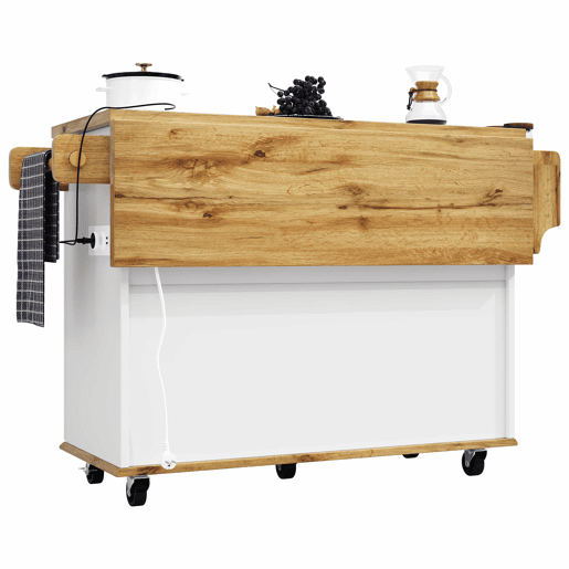 Carrinho de cozinha - bancada rebatível e tomada elétrica, ilha de cozinha móvel com rodas, design em madeira - Branco Carrinho de cozinha - bancada rebatível e tomada elétrica, ilha de cozinha móvel com rodas, design em madeira - Branco