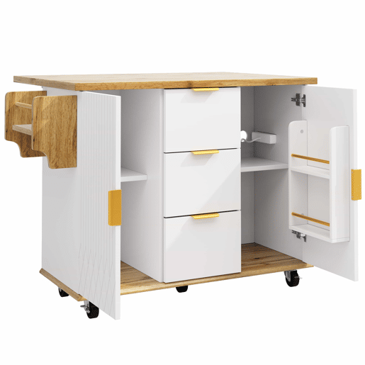 Carrinho de cozinha - bancada rebatível e tomada elétrica, ilha de cozinha móvel com rodas, design em madeira - Branco Carrinho de cozinha - bancada rebatível e tomada elétrica, ilha de cozinha móvel com rodas, design em madeira - Branco
