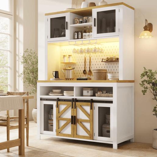 Armário alto de cozinha - com porta USB, iluminação LED, arrumação multifuncional e ampla superfície de trabalho para a cozinha e a sala de jantar - Branco