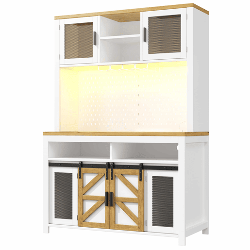 Armário alto de cozinha - com porta USB, iluminação LED, arrumação multifuncional e ampla superfície de trabalho para a cozinha e a sala de jantar - Branco