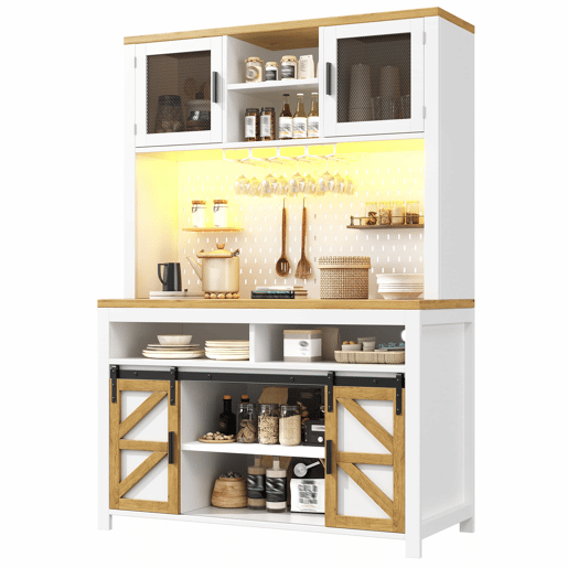 Armário alto de cozinha - com porta USB, iluminação LED, arrumação multifuncional e ampla superfície de trabalho para a cozinha e a sala de jantar - Branco