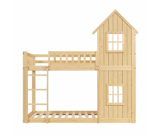 Litera infantil 90x200 cm - diseño casita con 2 ventanas, escalera de 3 peldaños, barandillas de seguridad en todo el perímetro, madera de pino y mdf