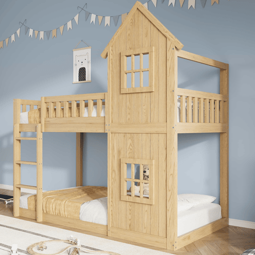 Beliche infantil 90 x 200 cm - design em forma de casinha com 2 janelas, escada de 3 degraus, grades de segurança em todo o perímetro, madeira de pinho e MDF - Natural